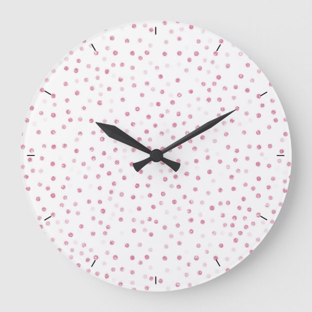 Girly Rose Gold Dots Confetti White Design Large Clock (Front)
