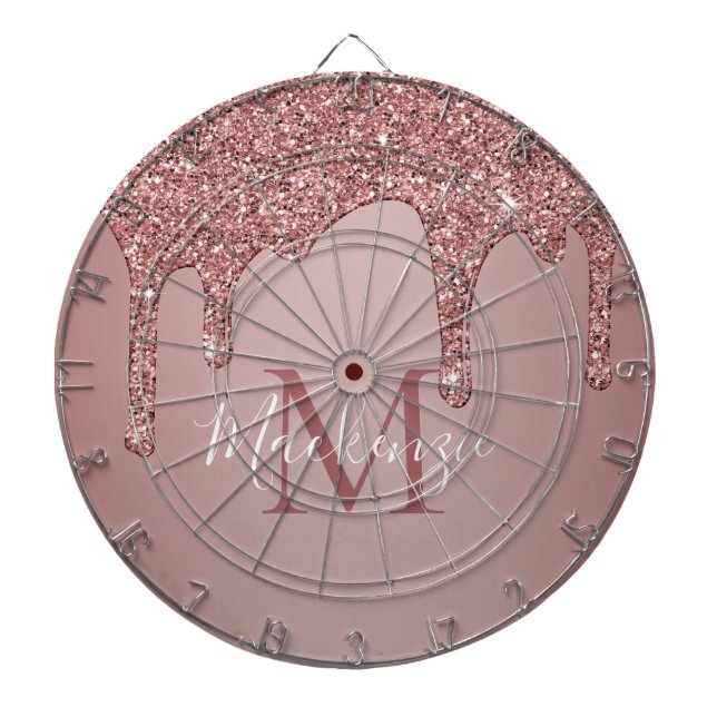 Girly Rose Gold Dripping Glitter Monogram Dart Board (Front)