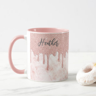Girly Rose Gold Dripping Glitter Monogram Mug