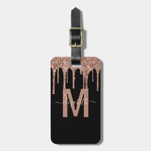 Girly Rose Gold Dripping Glitter Monogram Name Luggage Tag