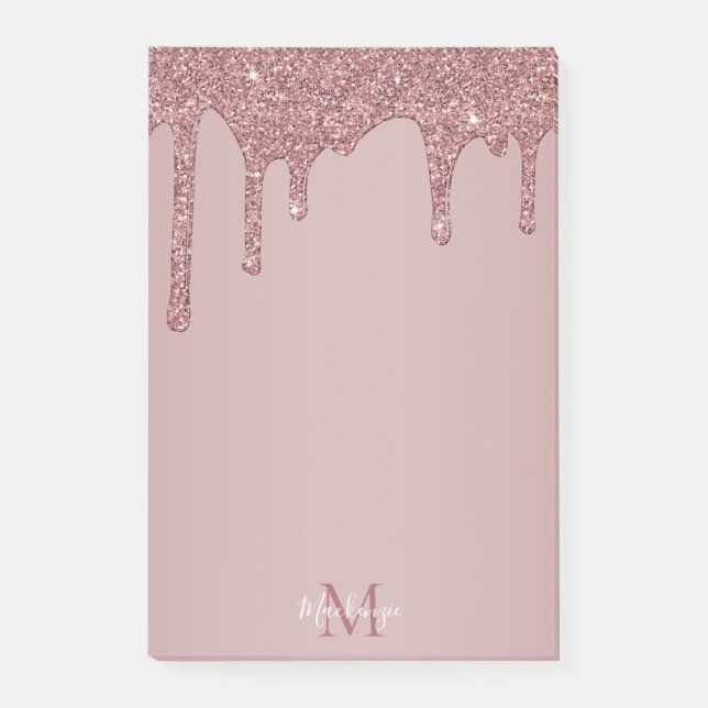 Girly Rose Gold Dripping Glitter Monogram Post-it Notes (Front)