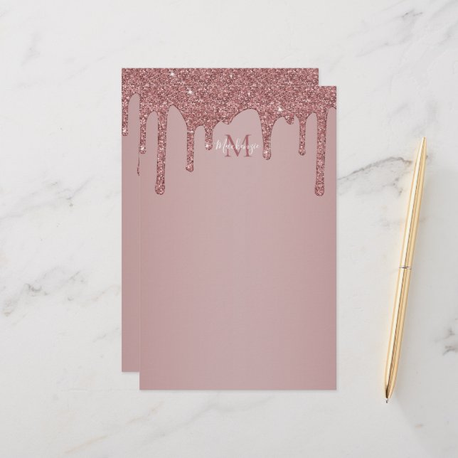 Girly Rose Gold Dripping Glitter Monogram Stationery (Front/Back In Situ)