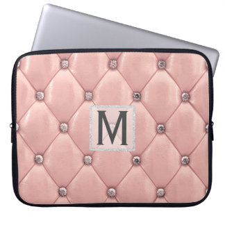 Girly Rose Gold Faux Leather|Diamonds Monogrammed Laptop Sleeve