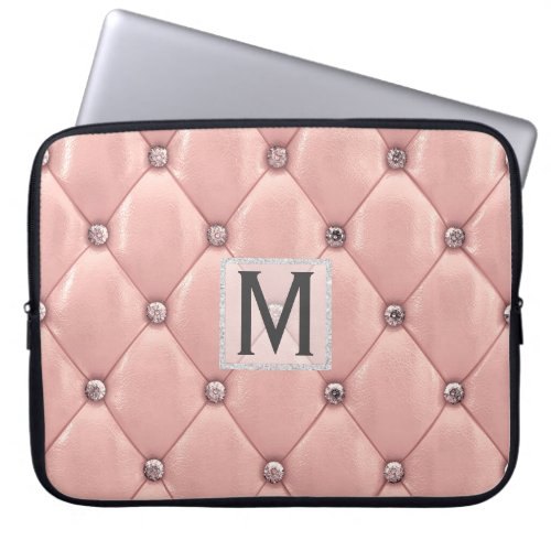 Girly Rose Gold Faux LeatherDiamonds Monogrammed Laptop Sleeve