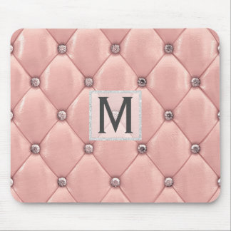 Girly Rose Gold Faux Leather|Diamonds Monogrammed Mouse Pad