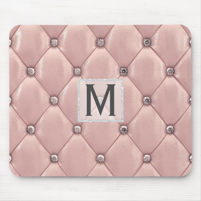 Girly Rose Gold Faux Leather|Diamonds Monogrammed Mouse Pad (Front)