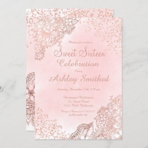 Girly rose gold floral glitter confetti Sweet 16 Invitation