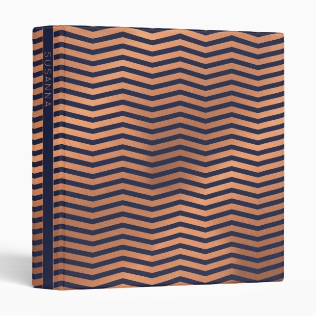 Girly Rose Gold Foil Chevron on Navy Blue 3 Ring Binder (Front/Spine)