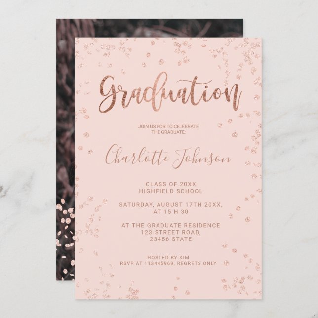 Girly rose gold foil confetti pink graduation invitation (Front/Back)
