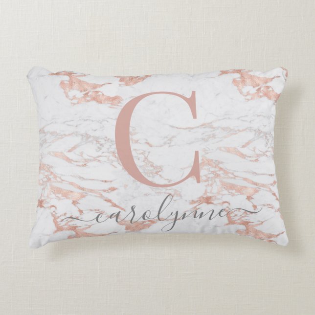 Girly Rose Gold Foil Marble Monogram Accent Pillow (Front)