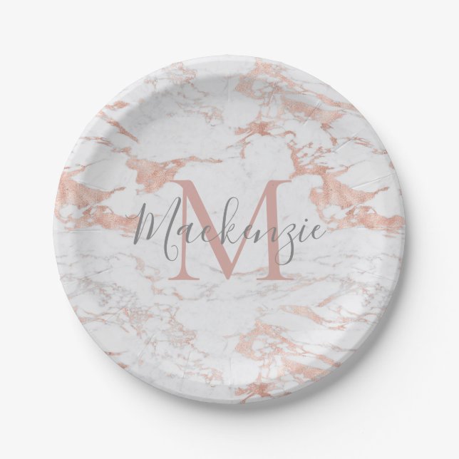 Girly Rose Gold Foil | Marble Monogram Paper Plates (Front)