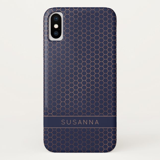 Girly Rose Gold Foil Navy Hexagon Geometric Case-Mate iPhone Case (Back)