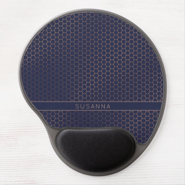 Girly Rose Gold Foil Navy Hexagon Honeycomb Gel Mouse Pad (Front)
