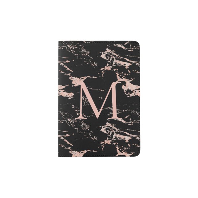 Girly Rose Gold Foil Pink Marble Monogram Passport Holder (Front)