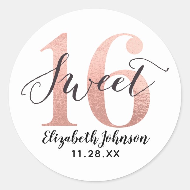 Girly Rose Gold Foil Sweet 16 Birthday Classic Round Sticker (Front)