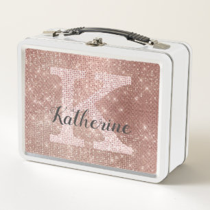 Girly Rose Gold Fun Glitter Sparkle Monogram Name Metal Lunch Box