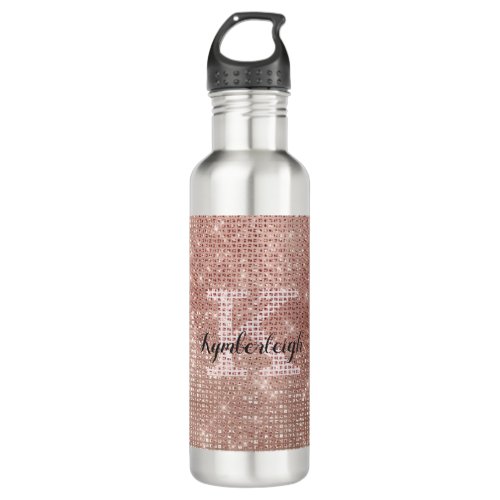 Girly Rose Gold Glam Diamond Glitter Monogram Name Stainless Steel Water Bottle