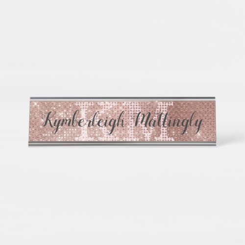 Girly Rose Gold Glam Diamond Sparkle Monogram Name Desk Name Plate