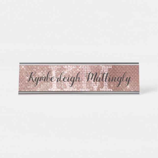 Girly Rose Gold Glam Diamond Sparkle Monogram Name Desk Name Plate (Front)