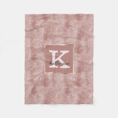 Girly Rose Gold Glam Diamond Sparkle Monogram Name Fleece Blanket