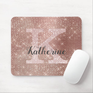 Girly Rose Gold Glam Diamond Sparkle Monogram Name Mouse Pad