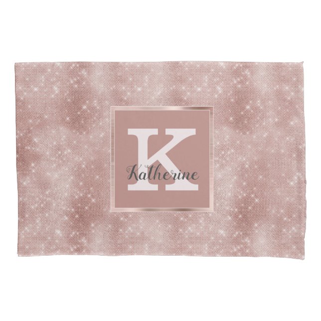 Girly Rose Gold Glam Diamond Sparkle Monogram Name Pillow Case (Front)