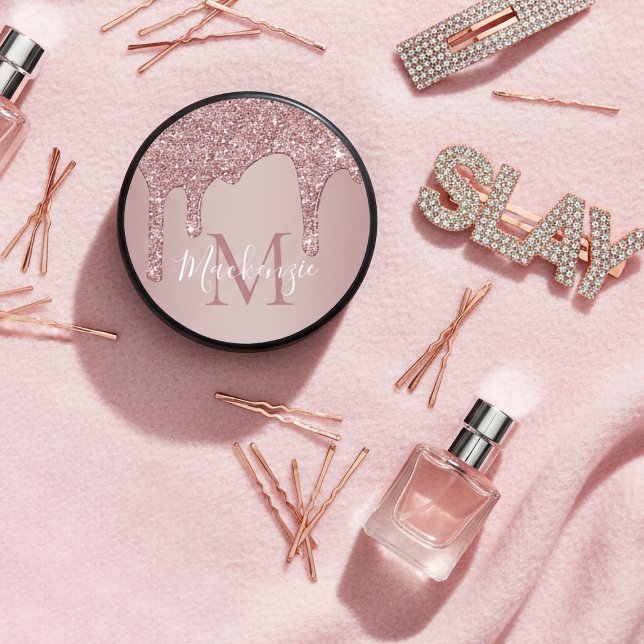 Girly Rose Gold Glam Dripping Glitter Monogram Hockey Puck (Girly Rose Gold Glam Dripping Glitter Monogram Hockey Puck)