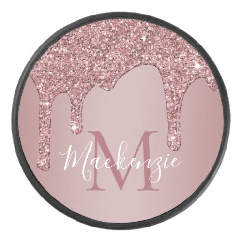 Girly Rose Gold Glam Dripping Glitter Monogram Hockey Puck