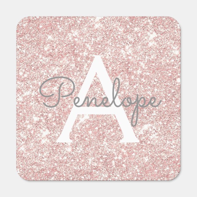 Girly Rose Gold Glam Glitter Monogram Hand Sanitizer Packet (Sticker)