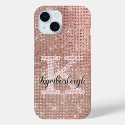 Girly Rose Gold Glam Glitter Sparkle Monogram Name iPhone 15 Case