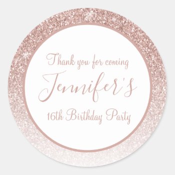 Girly Rose Gold Glitter 16th Birthday Thank You Classic Round Sticker by epclarke at Zazzle