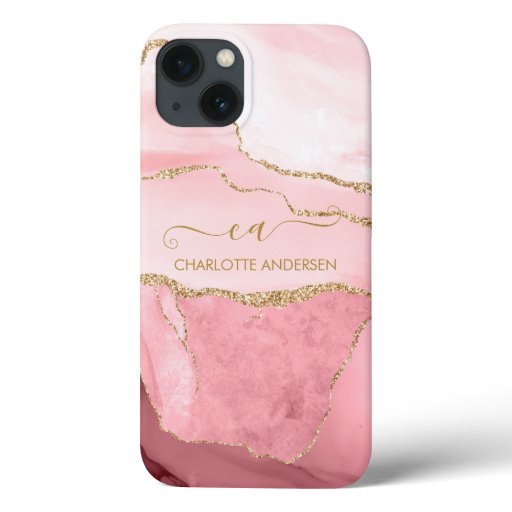 Girly Rose Gold Glitter Agate Monogram Name  Case- iPhone 13 Case