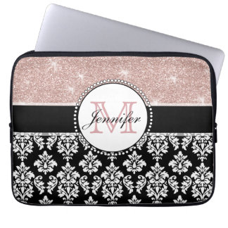 Girly Rose Gold Glitter Black Damask Monogrammed Laptop Sleeve