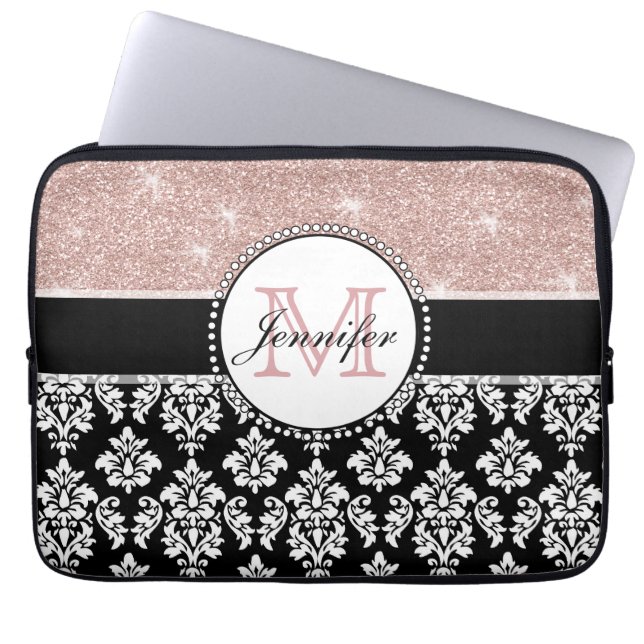 Girly Rose Gold Glitter Black Damask Monogrammed Laptop Sleeve (Front)