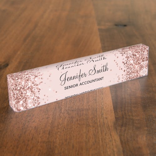 Girly Rose Gold Glitter Blush Desk Name Plate