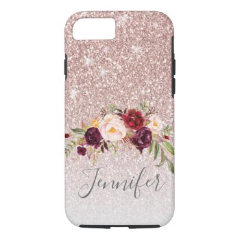 Girly Rose Gold Glitter Blush Floral Monogram Name Iphone 8/7 Case by epclarke at Zazzle
