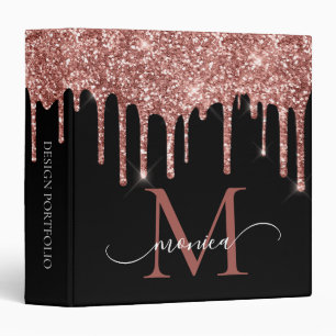Girly Rose Gold Glitter Blush Monogram Name Black 3 Ring Binder