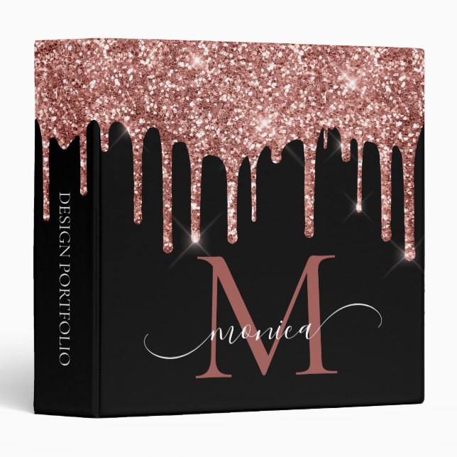 Girly Rose Gold Glitter Blush Monogram Name Black 3 Ring Binder (Front/Spine)