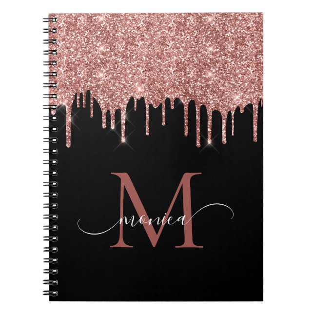 Girly Rose Gold Glitter Blush Monogram Name Black Notebook (Front)
