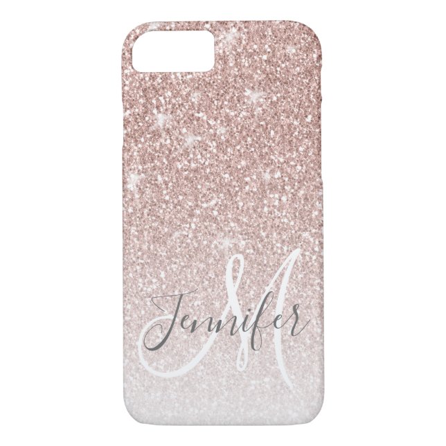 Girly Rose Gold Glitter Blush Monogram Name Case-Mate iPhone Case (Back)
