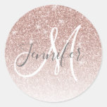 Girly Rose Gold Glitter Blush Monogram Name Classic Round Sticker