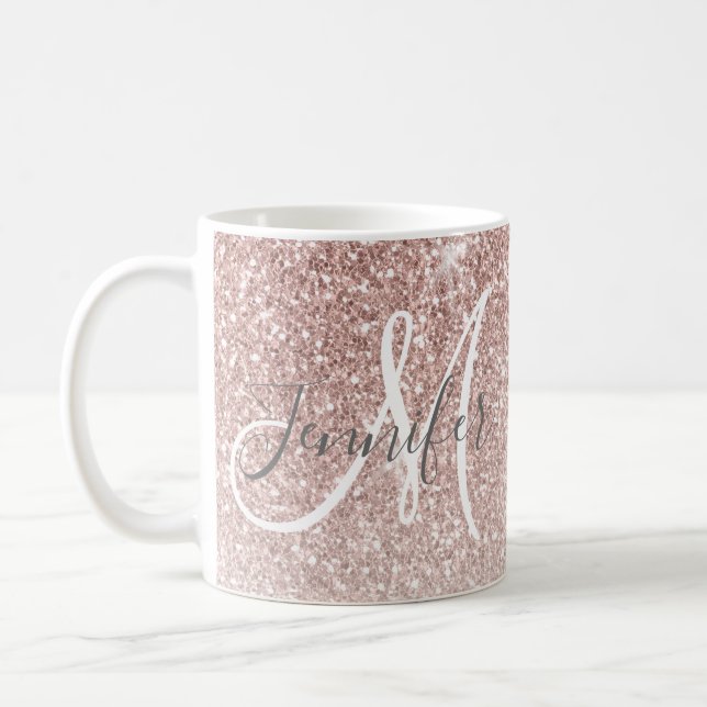 Girly Rose Gold Glitter Blush Monogram Name Coffee Mug (Left)