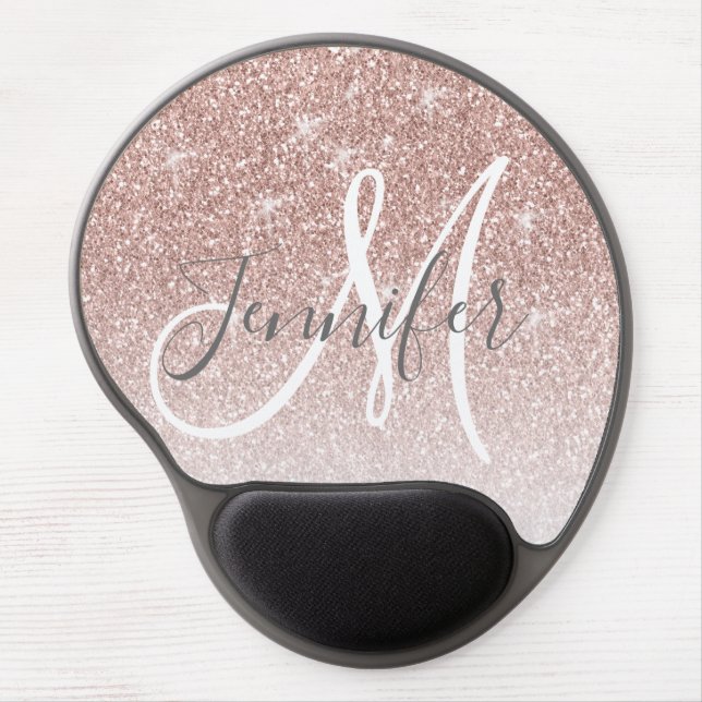 Girly Rose Gold Glitter Blush Monogram Name Gel Mouse Pad (Front)