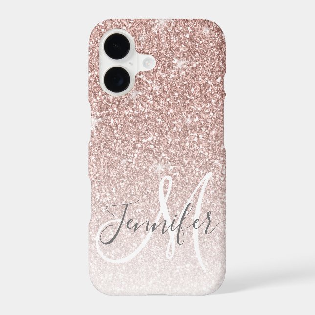 Girly Rose Gold Glitter Blush Monogram Name Iphone Case (Back)