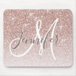 Girly Rose Gold Glitter Blush Monogram Name Mouse Pad