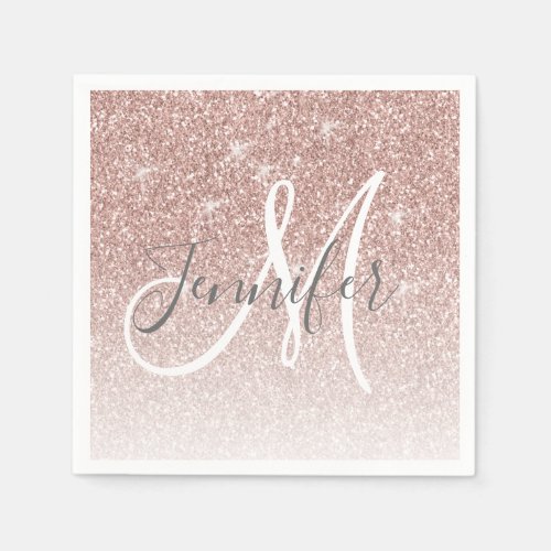 Girly Rose Gold Glitter Blush Monogram Name Napkins