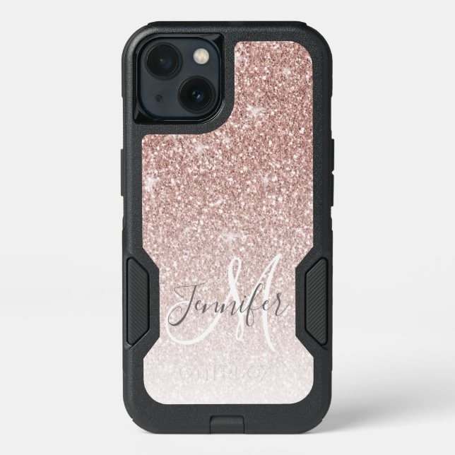 Girly Rose Gold Glitter Blush Monogram Name Otterbox iPhone Case (Back)