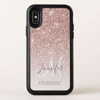 Girly Rose Gold Glitter Blush Monogram Name OtterBox Symmetry iPhone X Case