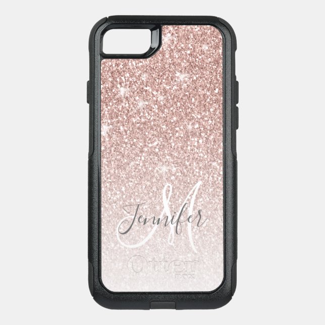 Girly Rose Gold Glitter Blush Monogram Name Otterbox iPhone Case (Back)
