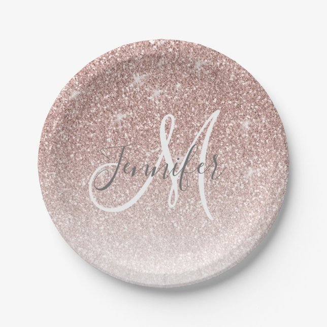 Girly Rose Gold Glitter Blush Monogram Name Paper Plates (Front)